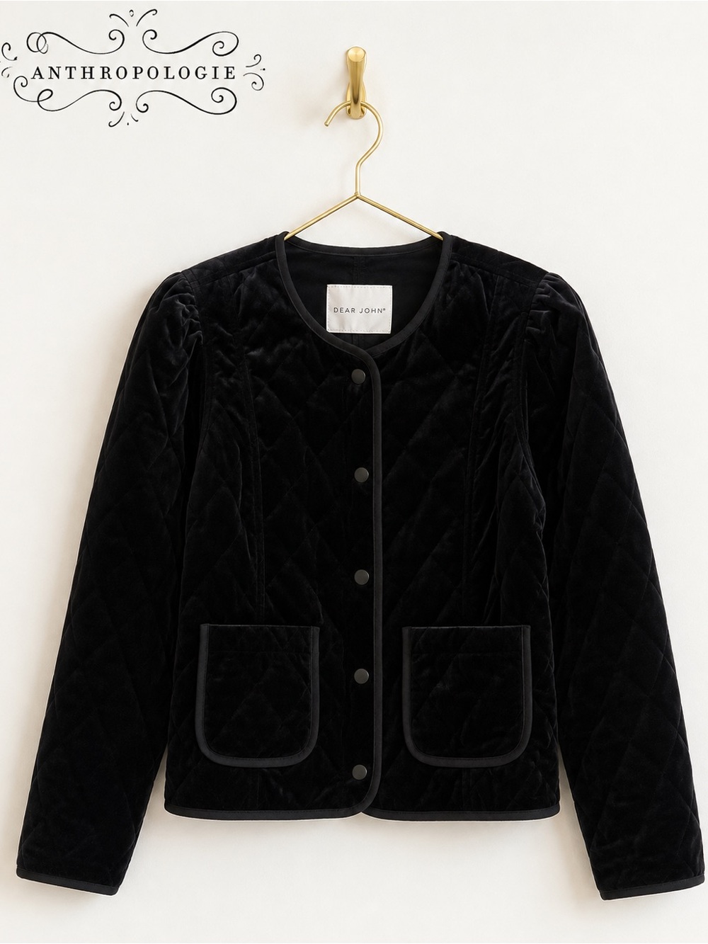 Dear John Black Velvet Quilted Jacket Puff Sleeve Snap Front